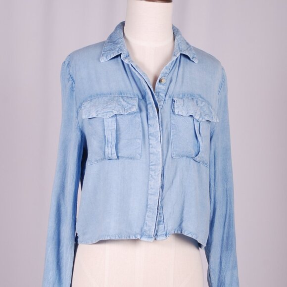 EUC Sim & Sam Cropped Chambray Button-down, Sz - Lg - Picture 1 of 6